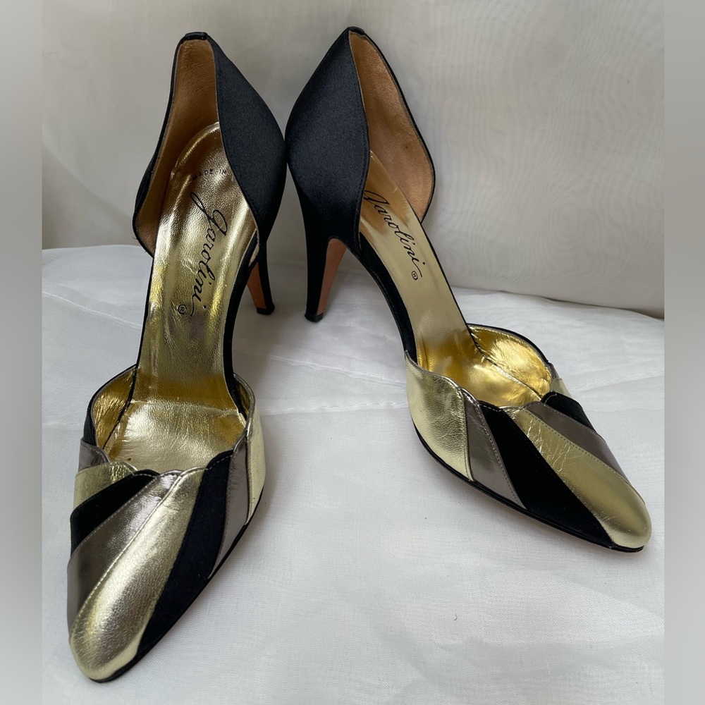 60s/70s Garolini Metallic Leather & Black Satin Art Deco Pumps Size 5 1/2